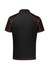 A black short sleeve polo shirt with red accents and a logo on the back.