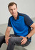 A men's short sleeve polo shirt featuring a blue and navy design with a logo on the chest.