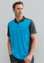 A men's polo shirt featuring a blue front and grey sleeves, with a three-button placket and branding on the chest.
