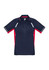 A navy blue and red short sleeve polo shirt featuring contrast panels and a logo.