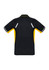 A black and yellow men's short sleeve polo shirt with reflective details and a logo on the front.