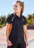 A black and yellow short sleeve polo shirt for kids, featuring a logo and sporty design elements.