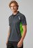 A grey short sleeve polo shirt with green accents and a subtle logo. Suitable for casual wear.