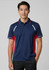 A navy blue polo shirt with red accents and a logo, featuring short sleeves and a collared design.