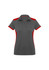 A grey women's polo shirt with red accents and a collar, featuring a logo.