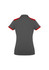 A grey women's polo shirt with red accents on the collar and sleeves, featuring a logo.