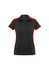 A women's short sleeve polo in black with red accents and a classic collar. It features a logo on the front.