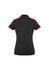 A black women's polo shirt featuring red accents on the collar and sleeves. Brand logo is visible.