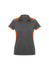 A women's short sleeve polo shirt in grey with orange accents and a logo.