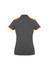 A women's short sleeve polo shirt in grey with orange accents and a logo on the back.