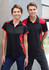 A black polo shirt with red accents, featuring a logo, displayed on a male and female model.