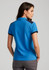 A blue women's polo shirt featuring a contrasting dark collar and sleeves, with a logo on the back.