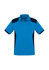 A blue and navy short sleeve polo shirt with a collar and a logo.