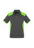 A short sleeve polo shirt featuring a dark grey base with vibrant green accents. It includes a collar and button placket.