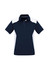 A navy blue polo shirt with white accents, featuring a collar and short sleeves. It has a logo on the chest.