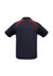 A short sleeve polo shirt in navy blue with red accents and a logo on the back.