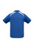 A blue kids’ polo shirt with short sleeves and a white detailing, featuring a logo on the back.