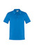 A blue short sleeve polo shirt with a collar and a logo on the chest.