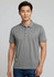 A grey short sleeve polo shirt featuring a collar and buttons, with a logo on the chest.
