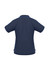 A navy women's polo shirt with short sleeves and a subtle branding design.