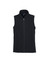 A black micro fleece vest with a zip fastening and stand collar. Features a logo on the upper left side.