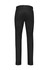A pair of black tapered stretch chino pants featuring a back view, with pockets and a waistband.