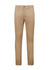 A pair of beige modern stretch chino pants with a slim fit design. Features a front pocket and a branded logo.