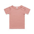 A pink infant t-shirt featuring short sleeves and shoulder snaps, with a subtle logo present.