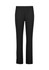 A pair of mid-rise pull-on pants in black, featuring a slacks design and a smooth fabric finish.
