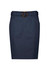 A mid-waist stretch chino skirt in navy blue with a belt featuring a circular buckle.