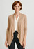 A women's waterfall cardigan in a soft beige colour, featuring a draped front and long sleeves, with a logo present.