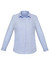 A light blue women's long sleeve button-up shirt with a collar and a smooth fabric finish. Features a logo on the chest.