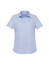 A short sleeve button-up shirt in light blue, featuring a classic collar and a logo on the chest.