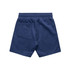 A pair of navy-blue kids’ sports shorts featuring a back pocket and an elastic waistband.