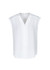A white blouse with a collared neckline and short sleeves, featuring a button-down front and a relaxed fit.