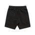 A pair of black youth stadium shorts featuring an elastic waistband and a back pocket.