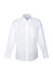 A white long sleeve button-up shirt with a single chest pocket and a branded logo.