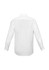 A white men's long sleeve button-up shirt with a classic collar and button cuffs, featuring a logo.