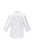 A white women's luxe 3/4 sleeve button-up shirt, featuring a classic collar and a smooth back design.