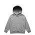A grey hoodie featuring a large hood and a front pocket. The design includes a logo.