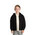 A black zip-up hoodie for kids with a hood, featuring side pockets and a plain design.