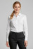 A white women's button-up long sleeve shirt with a fitted style, accompanied by a model wearing tailored black pants.