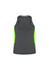 A women's singlet in dark grey with bright green side panels and a logo on the back.