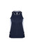 A navy blue women's singlet featuring light grey side panels and a logo on the front.