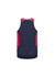 A men's singlet in navy blue with red detailing and a logo on the back.