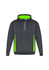 A grey unisex hoodie featuring bright lime green accents and a front zipper. It has a logo on the chest.