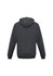 A dark grey men's crew hoodie with a hood and long sleeves, featuring a logo on the back.