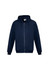 A navy blue men's crew zip hoodie with a hood and front pockets, featuring a logo on the chest.