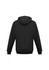 A black men's crew zip hoodie featuring a hood and long sleeves, with a logo on the back.
