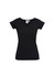 A black women's short sleeve tee with a V-neck design and a fitted silhouette. It features a logo.